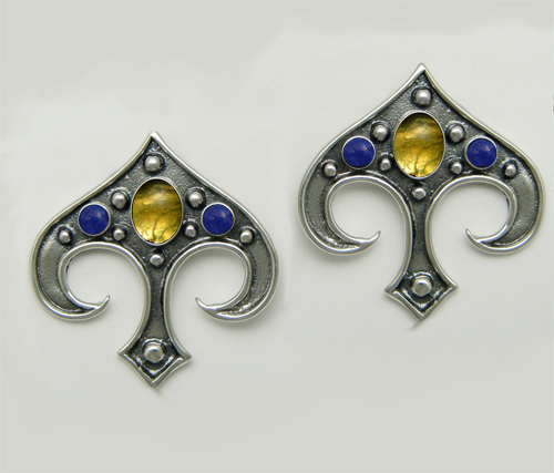 Sterling Silver Gothic Inspired Drop Dangle Earrings With Citrine And Lapis Lazuli